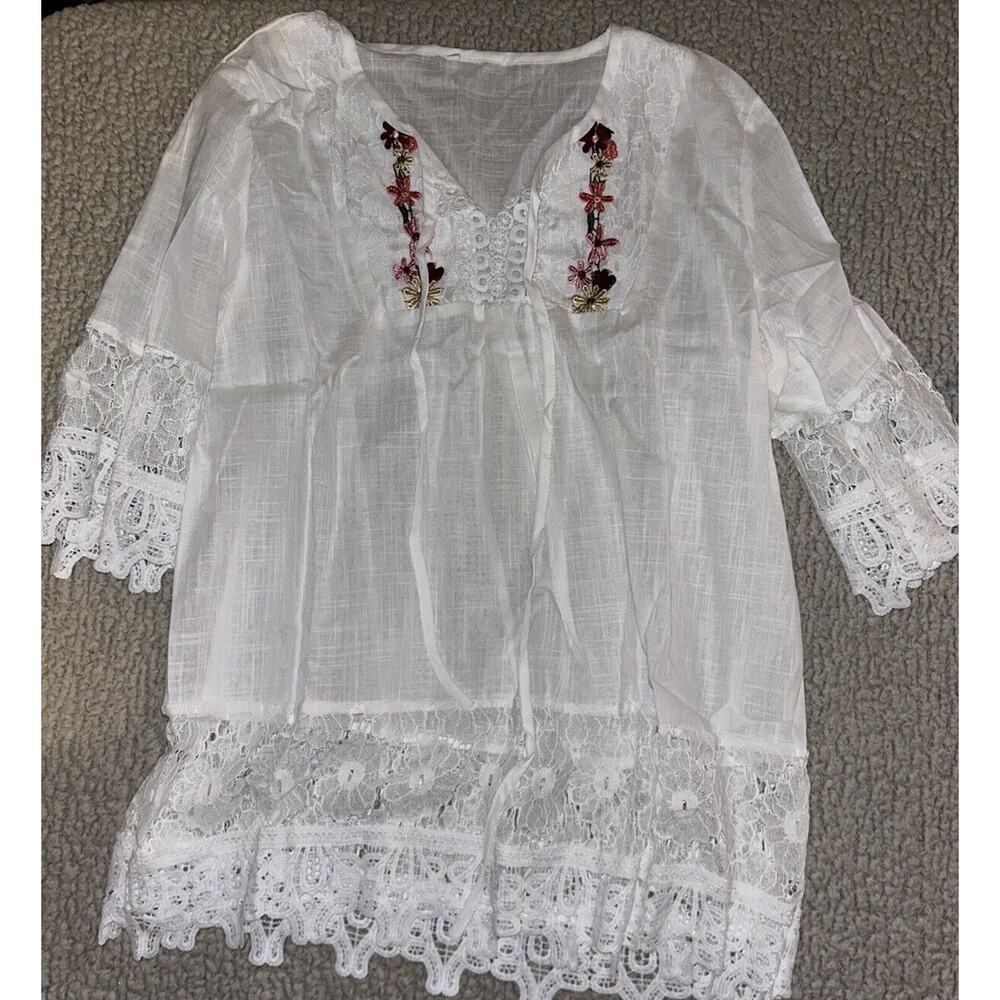 Ladies Casual Half Sleeve Tops T Shirts Women Loose V Neck Lace Shirts Blouse